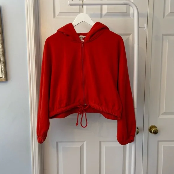 H&M Red Cropped Zip Up Hoodie Size Large Cotton - Picture 3 of 10